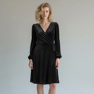 Karl Lagerfeld Black Velvet V-Neck Long Sleeve Midi Dress